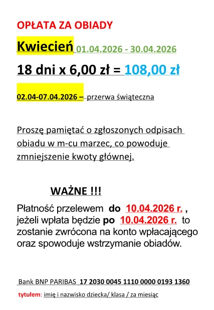 Opłata za obiady - KWIECIEŃ