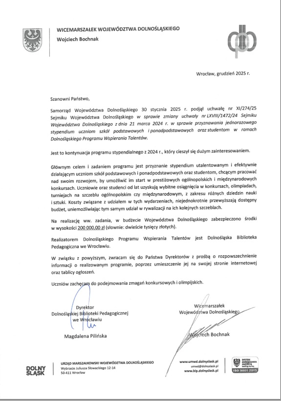 Stypendia dla uczniów  w ramach Dolnośląskiego Programu  Wsp