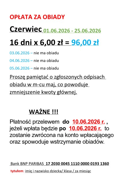 Opłata za obiady - CZERWIEC