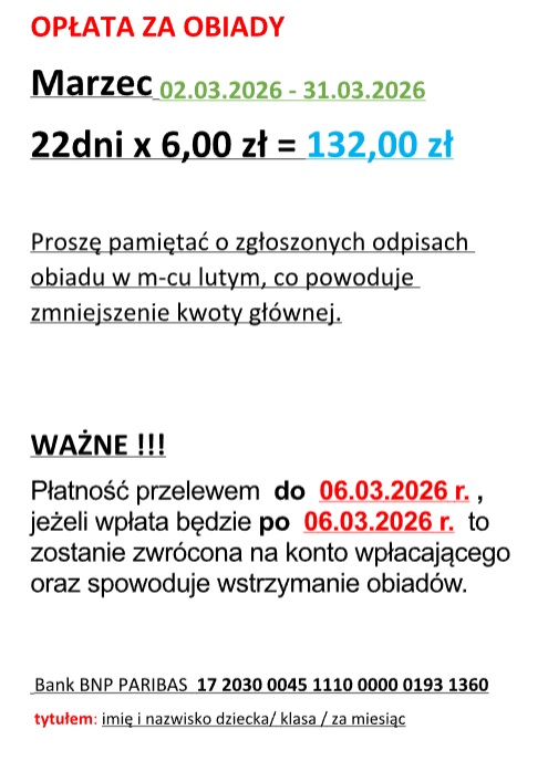 Opłata za obiady - MARZEC